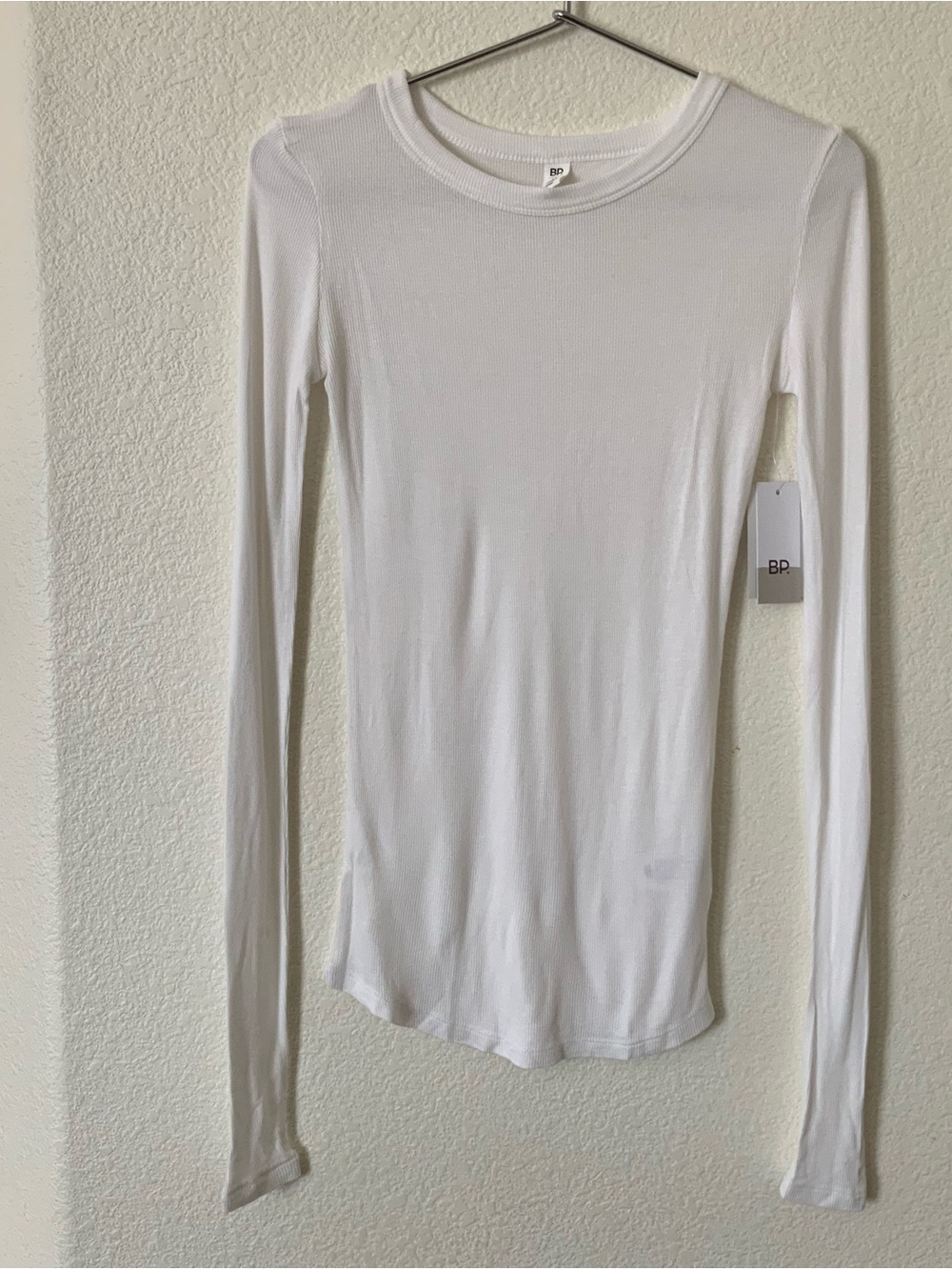bp Women's Long Sleeve Ribbed Crew Neck Top - White XS